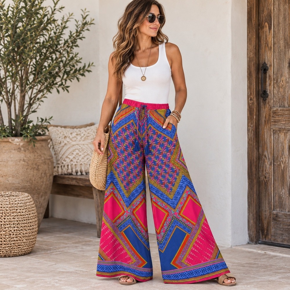 Flying Tomato M Wide Leg Palazzo Pants Boho Geometric Print Rayon Tassel